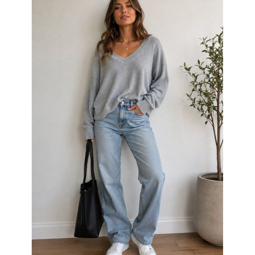 bp Gray Ribbed V-Neck Pullover Sweater